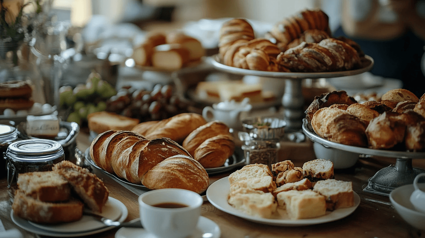 A variety of sourdough discard recipes, including savory crackers, banana bread, and pancakes, displayed on a rustic kitchen table.