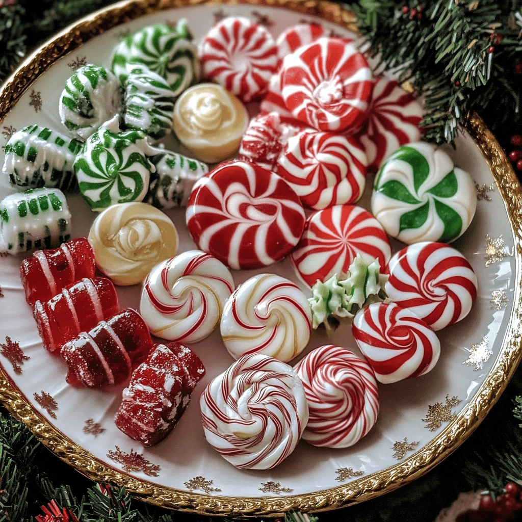 Assorted Christmas candy recipes including peppermint bark, fudge, and truffles for festive holiday treats.