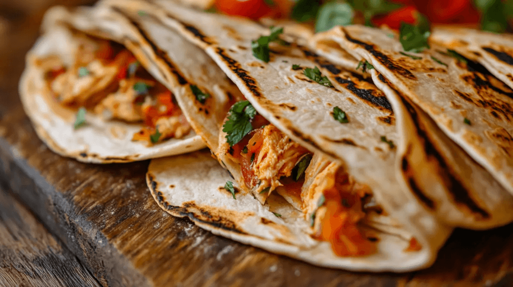 Freshly cooked sourdough tortillas stacked on a wooden board, showcasing their golden-brown spots and soft texture.