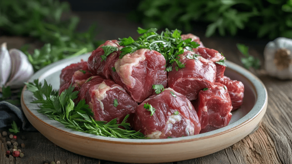 Raw smoked turkey necks being prepared for cooking with seasoning and herbs.