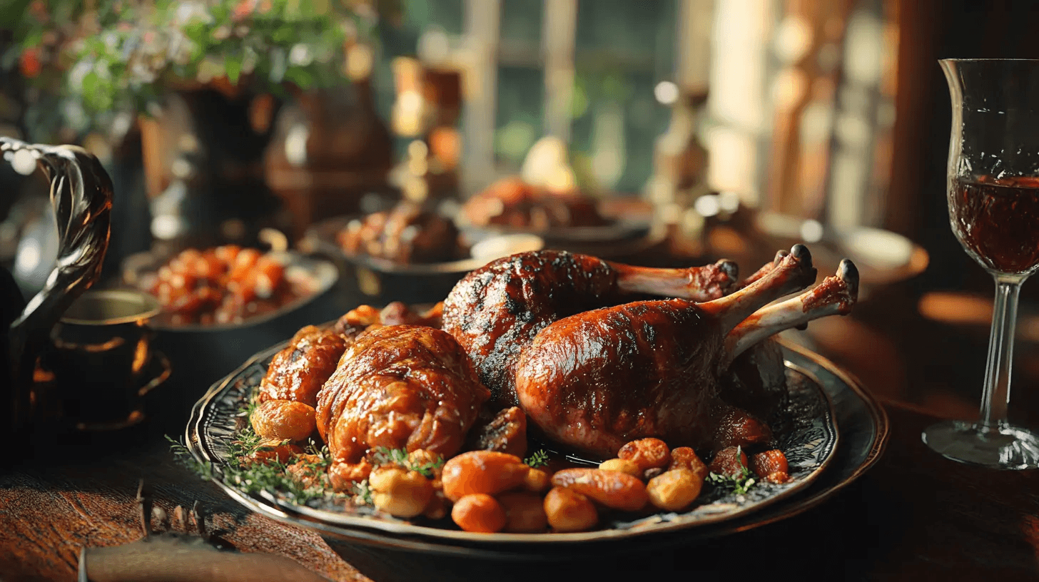 Smoked turkey necks served with rich gravy and a side of vegetables, showcasing a flavorful Southern dish.