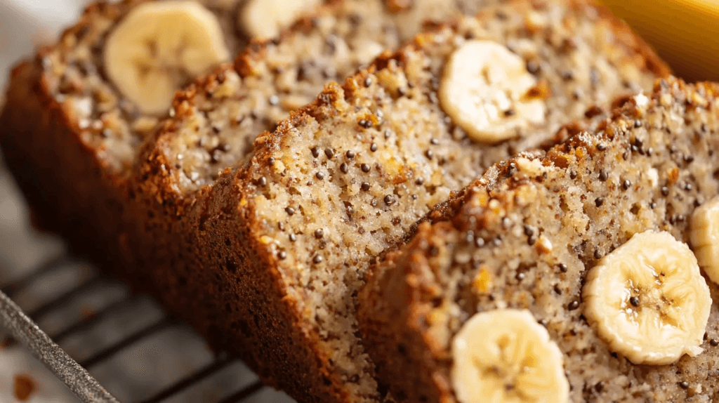 Moist sourdough banana bread sliced on a wooden cutting board, showcasing its golden crumb and rich texture.