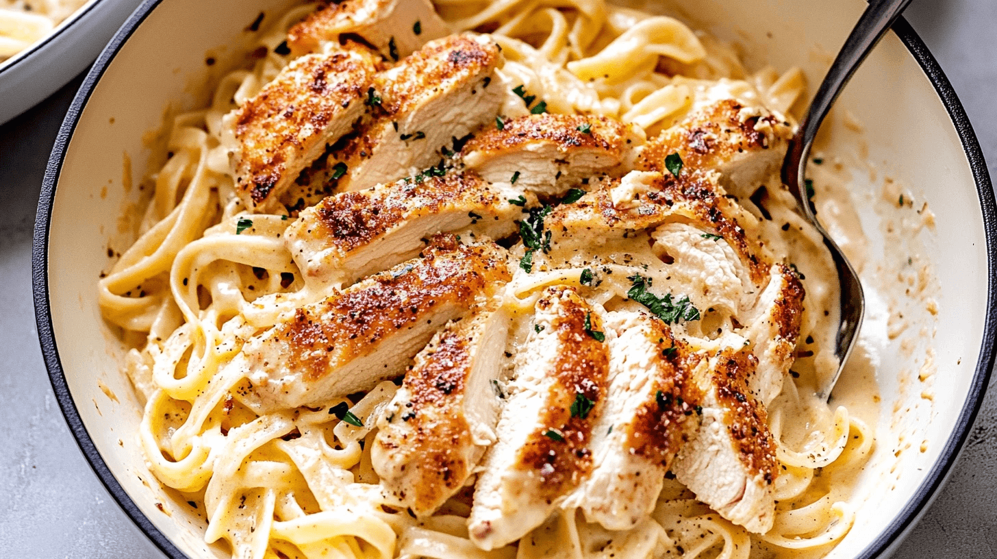 Plate of creamy Chicken Alfredo made with jar sauce, fettuccine pasta, and garnished with Parmesan cheese and parsley.