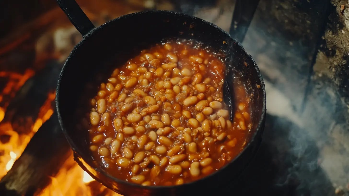 A hearty bowl of calico beans, featuring ground beef, and a mix of beans in a savory-sweet sauce.