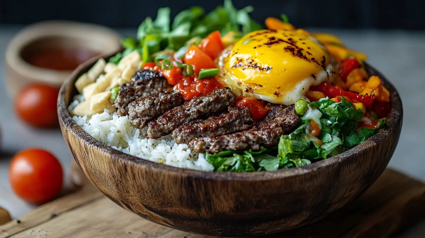 A vibrant Ultimate Burger Bowl featuring seasoned beef, fresh veggies, and savory toppings.