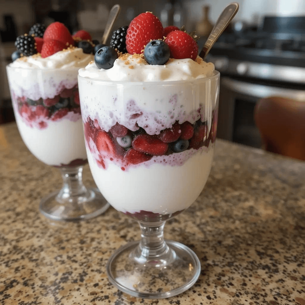 Low-sugar Greek yogurt dessert topped with fresh fruit and a sprinkle of nuts in a glass bowl.