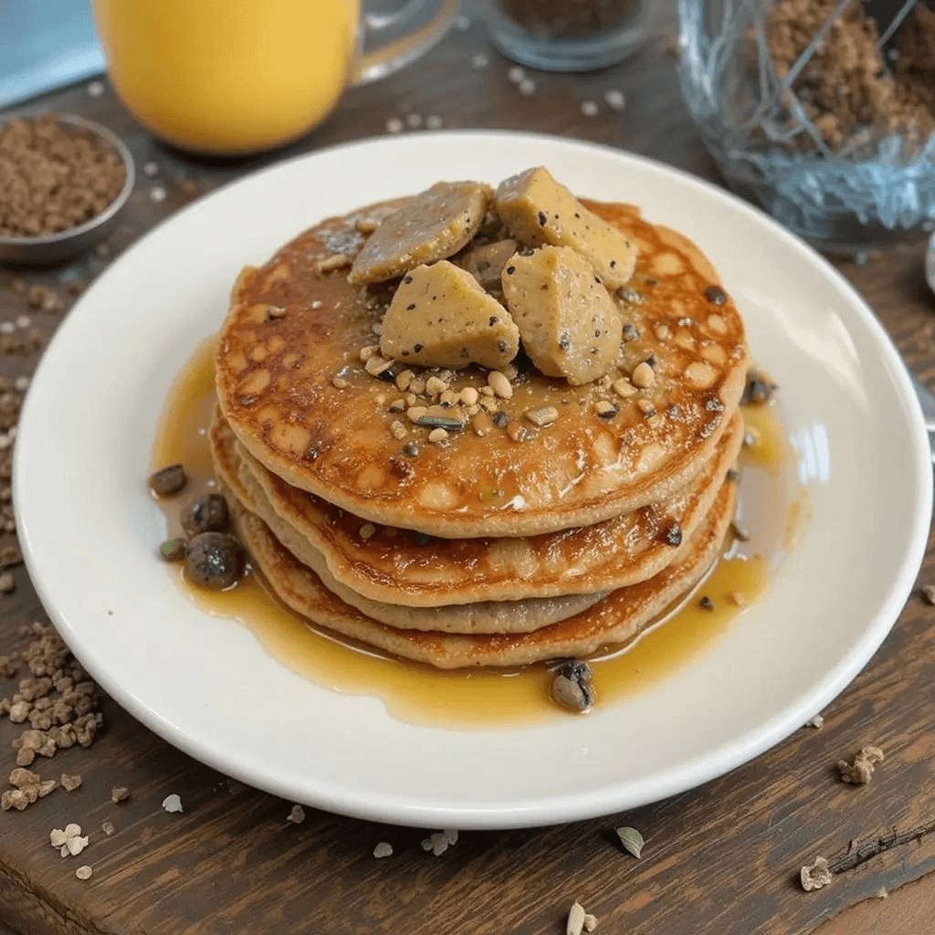 Delicious stack of buckwheat and quinoa flour pancakes, topped with fresh berries and syrup, offering a nutritious breakfast option.