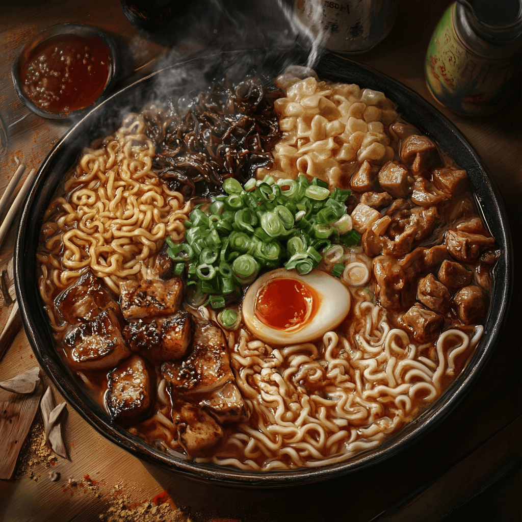 A steaming bowl of Buldak Ramen with fiery red sauce, topped with a sunny-side-up egg, sesame seeds, and scallions