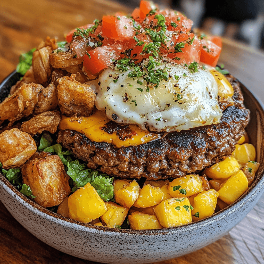 A hearty Ultimate Burger Bowl with seasoned beef, fresh vegetables, and flavorful toppings.