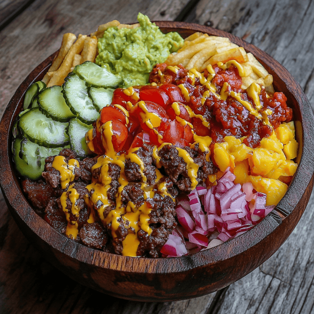 A colorful Ultimate Burger Bowl with fresh vegetables, juicy beef, and flavorful toppings.