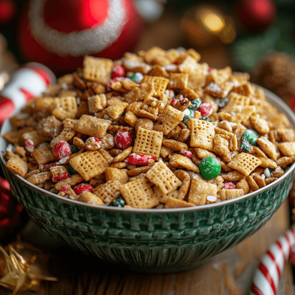 A variety of Chex Mix recipes for Christmas featuring sweet, salty, and spicy holiday snacks in a festive display.