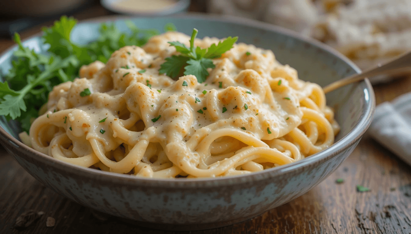 A bowl of pasta coated in creamy Cajun Alfredo sauce, garnished with parsley and served with garlic bread.