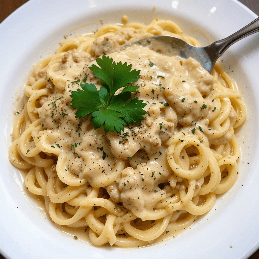 A bowl of creamy Cajun Alfredo sauce with pasta, topped with Cajun seasoning and fresh herbs.