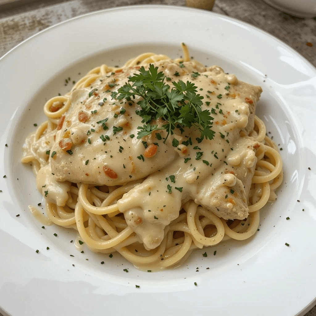 Creamy Chicken Alfredo made with jar sauce served on a plate with fettuccine pasta and garnished with parsley.