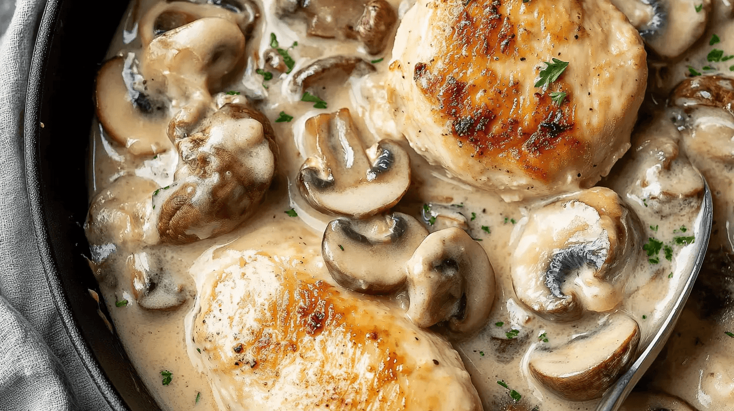 Creamy chicken dish made with cream of mushroom soup and a rich sauce.