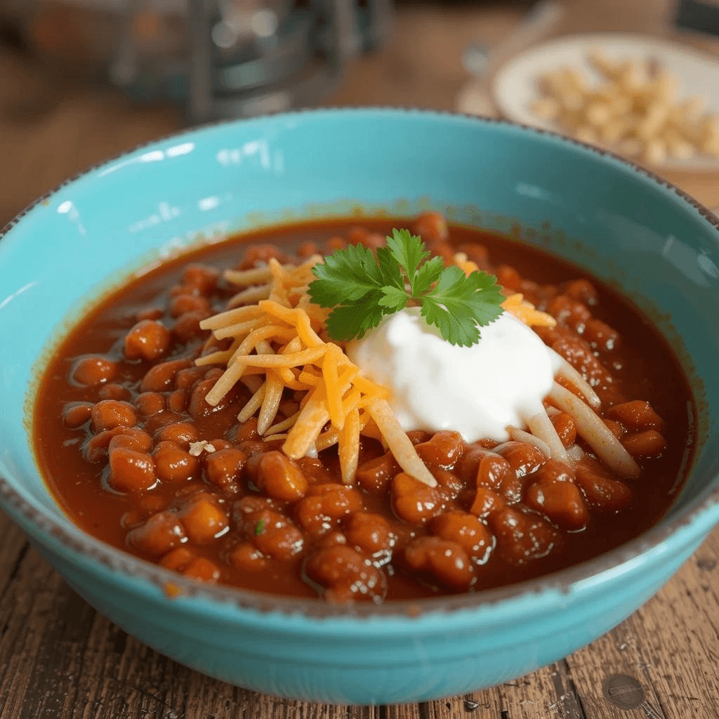 Chili simmering with enchilada sauce, ground beef, and beans.