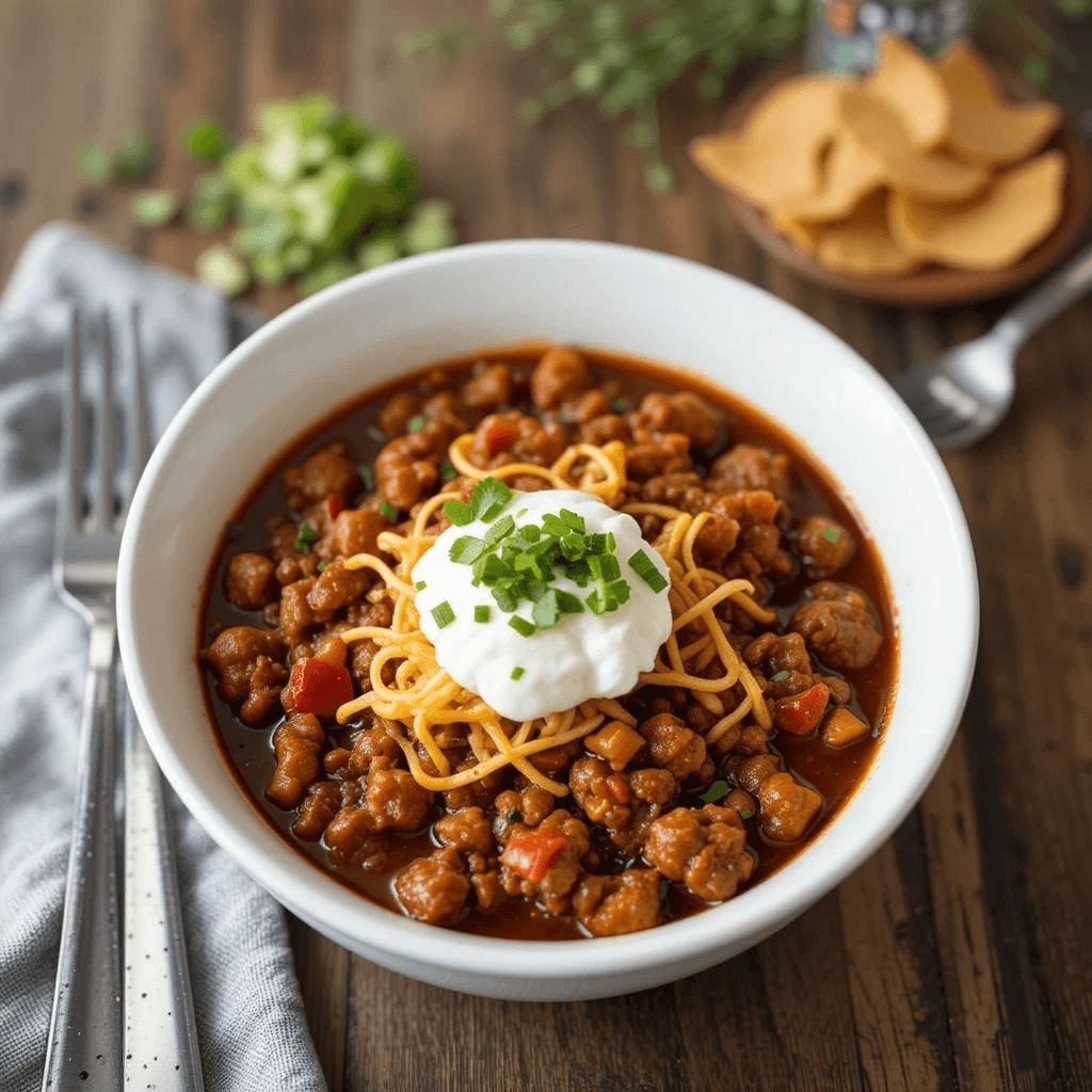 Bowl of chili with enchilada sauce and ground beef, topped with cheese and cilantro.