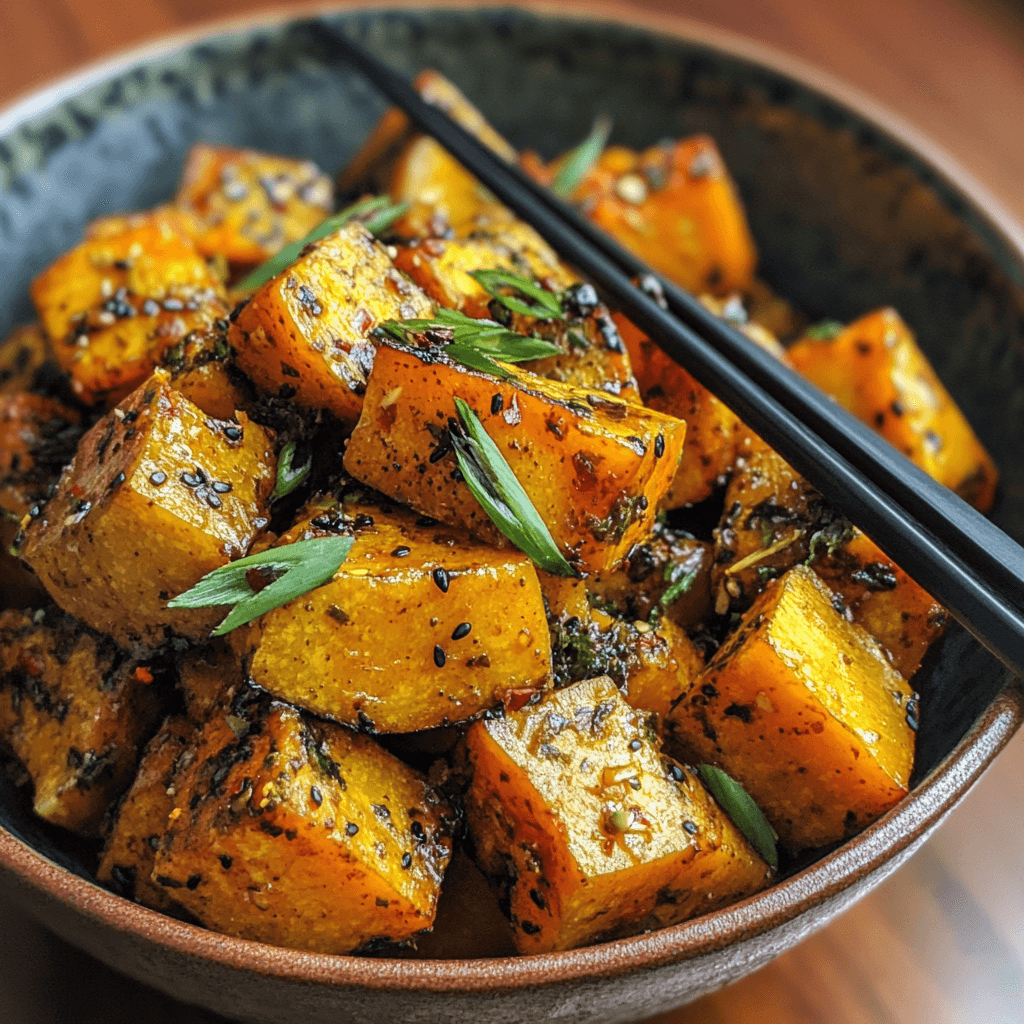 Vegan Chinese kabocha squash stir-fry with tofu, bell peppers, and a savory soy sauce glaze.