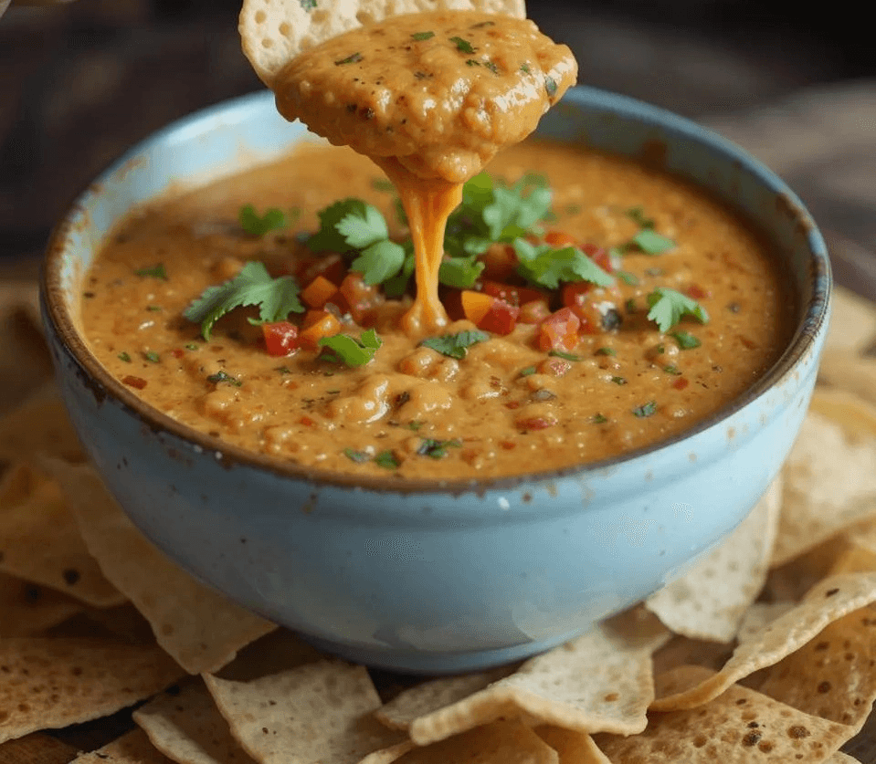 Homemade Chipotle queso recipe served with tortilla chips.