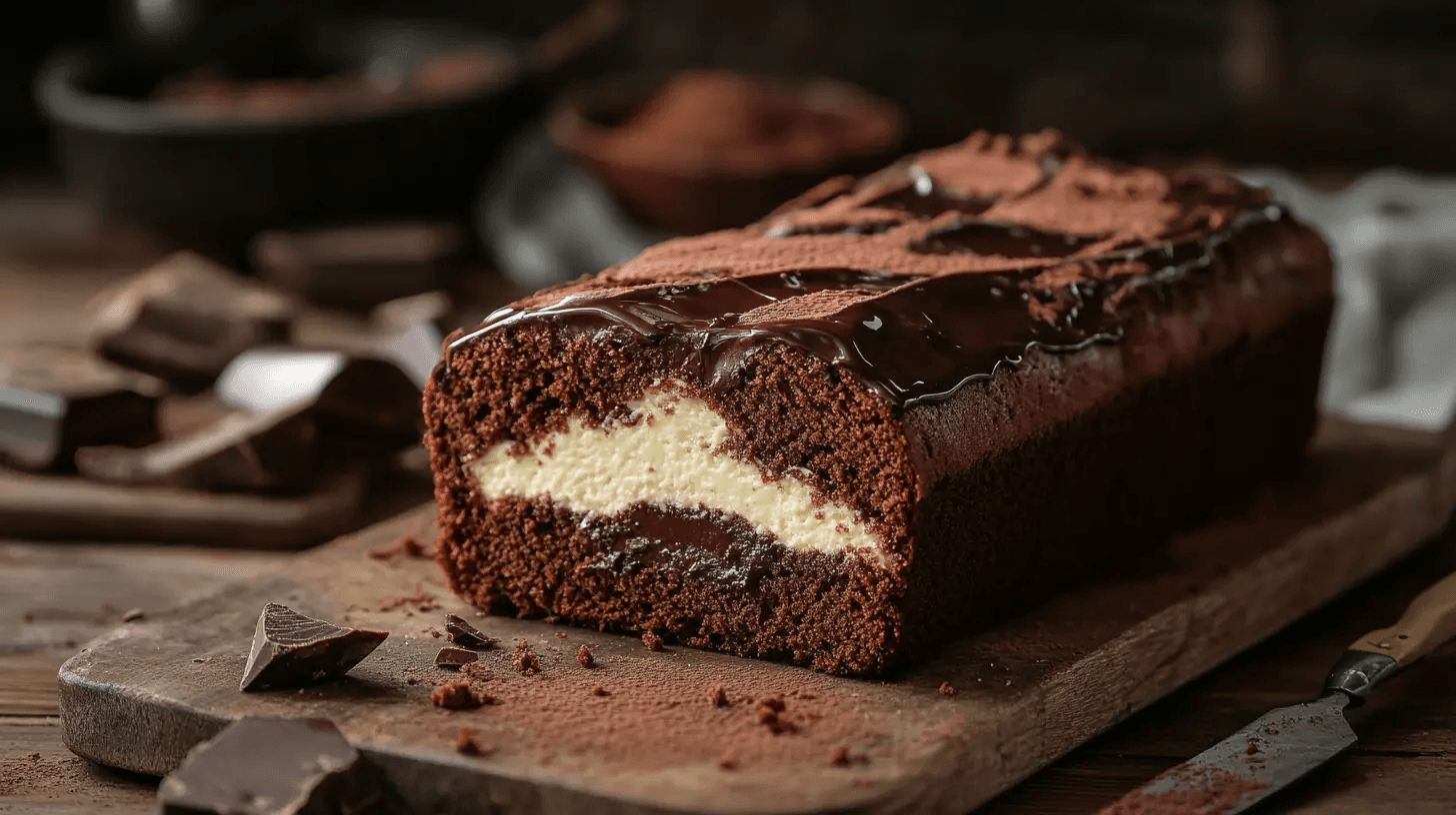 Chocolate cream cheese pound cake, a rich and decadent dessert with a moist texture and chocolatey flavor.