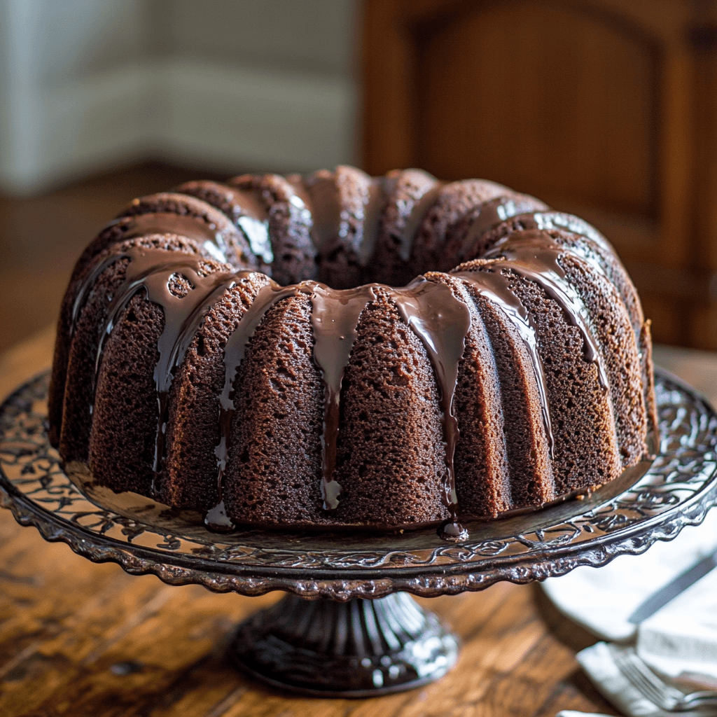 Homemade chocolate pound cake topped with a glossy ganache and garnished with fresh berries, served on a white plate.