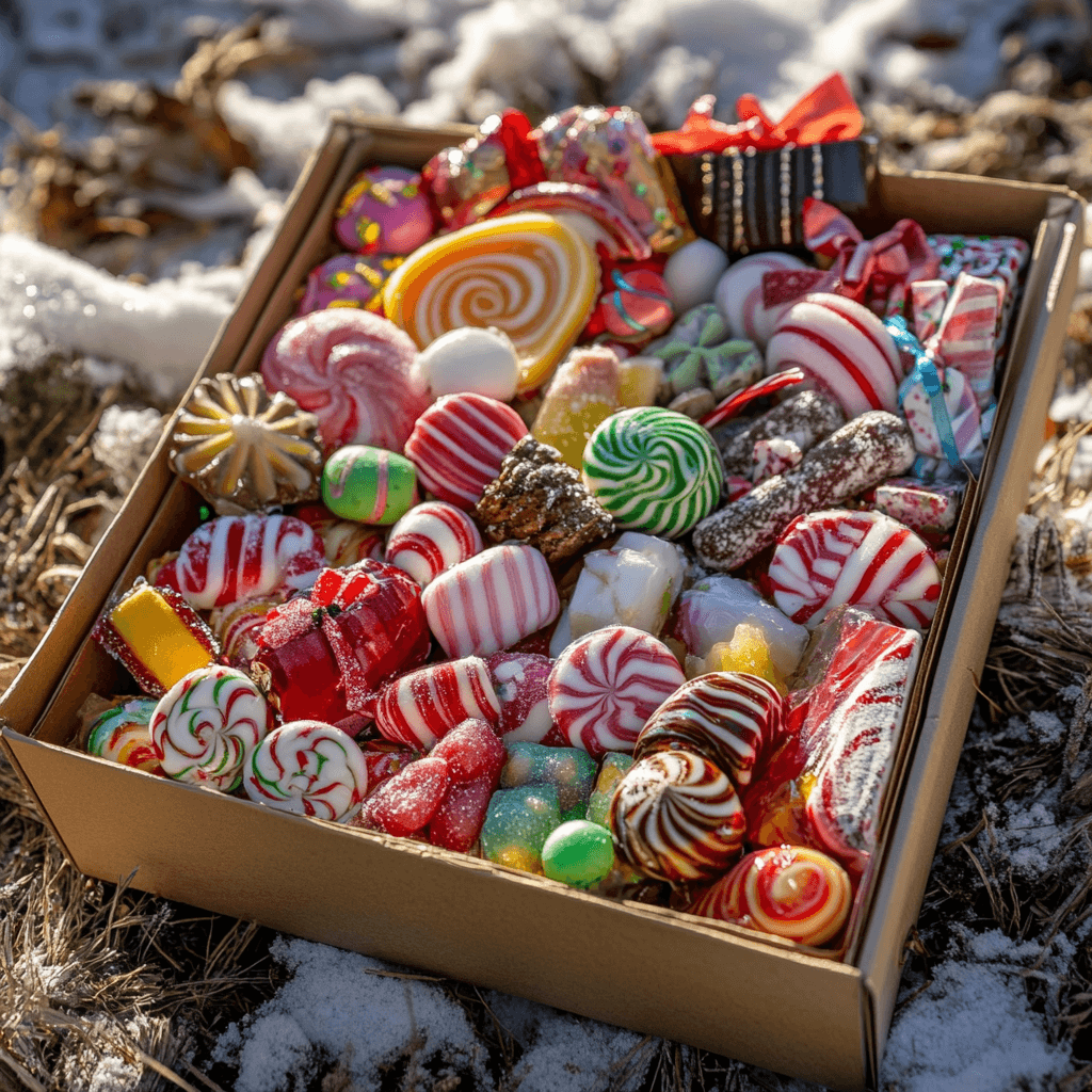 A festive Christmas candy box overflowing with colorful candies, chocolates, and holiday-themed treats.