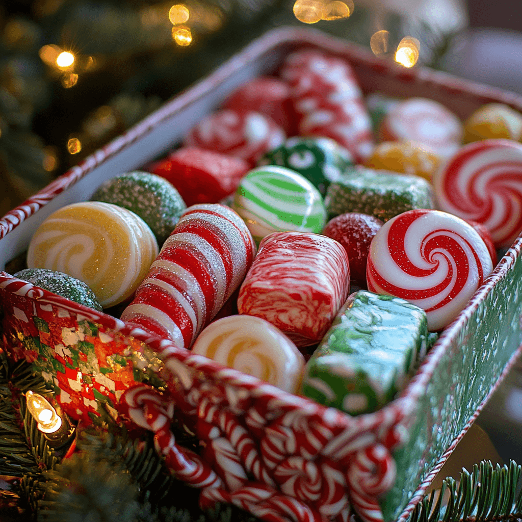 A beautifully decorated Christmas candy box filled with an assortment of festive holiday treats like candy canes, chocolates, and peppermint bark.