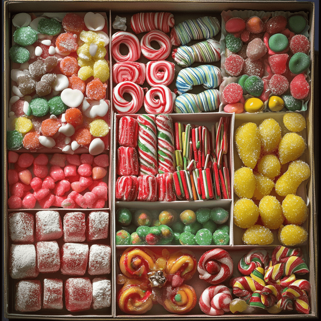 Assembling a Christmas candy box with festive treats like candy canes, chocolates, and peppermint bark.