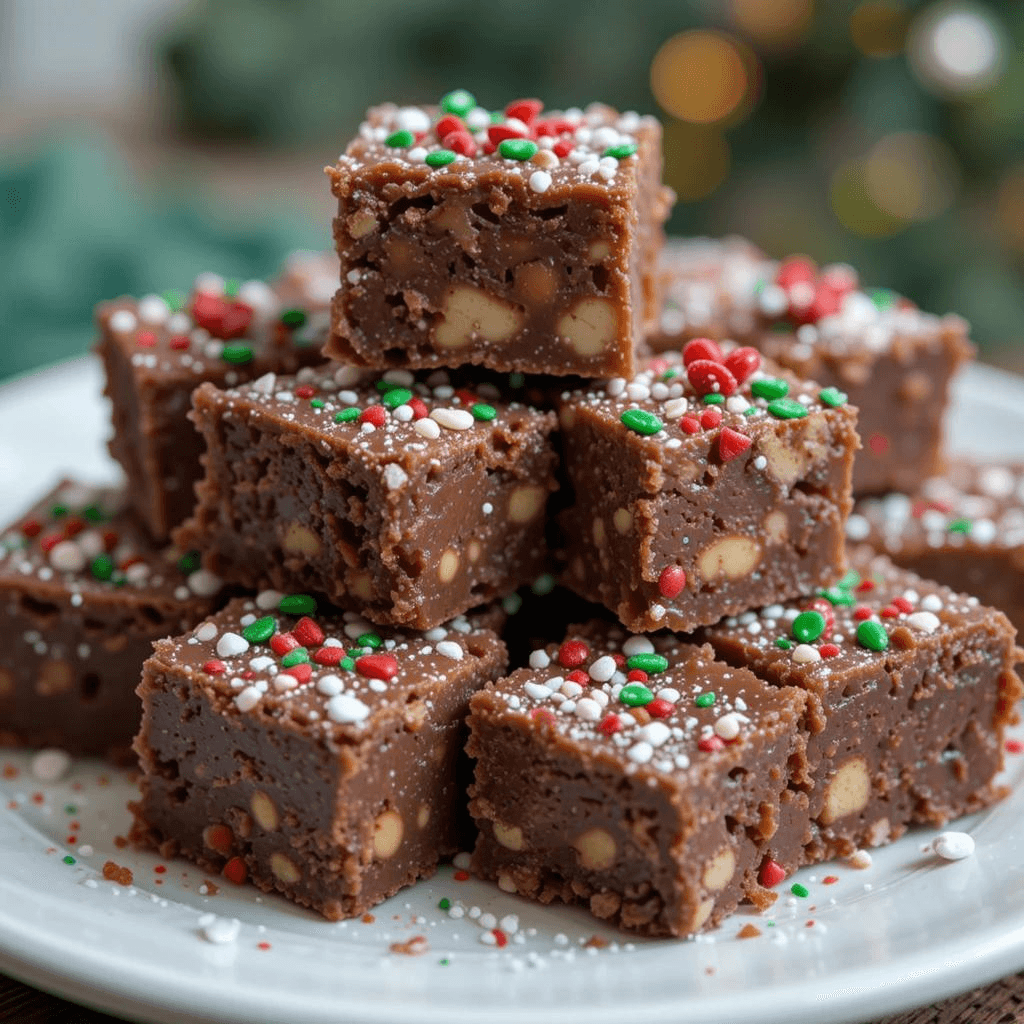 A festive stack of Christmas fudge squares topped with red, green, and white sprinkles, served on a white plate.