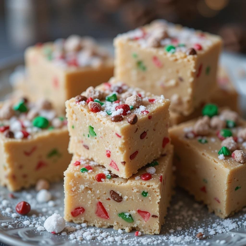 Festive vanilla Christmas fudge squares with colorful red, green, and white sprinkles, served on a decorative plate.