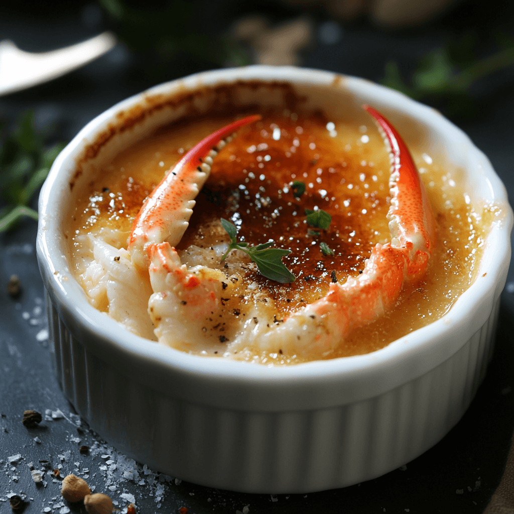 Crab brûlée, a savory twist on the classic French dessert with creamy crab custard and a caramelized sugar crust.