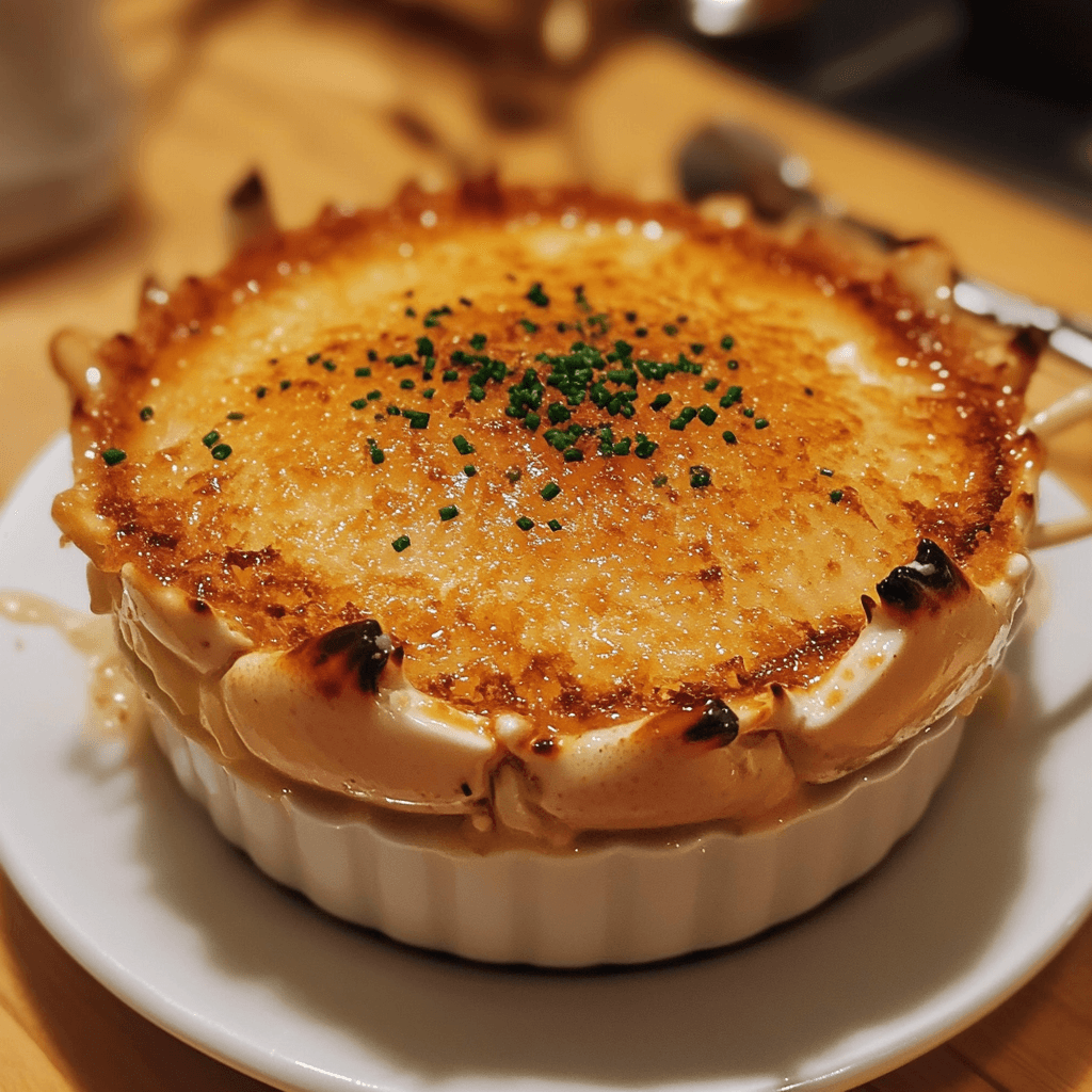 A savory crab brûlée, blending creamy custard and delicate crab flavor with a caramelized sugar crust.