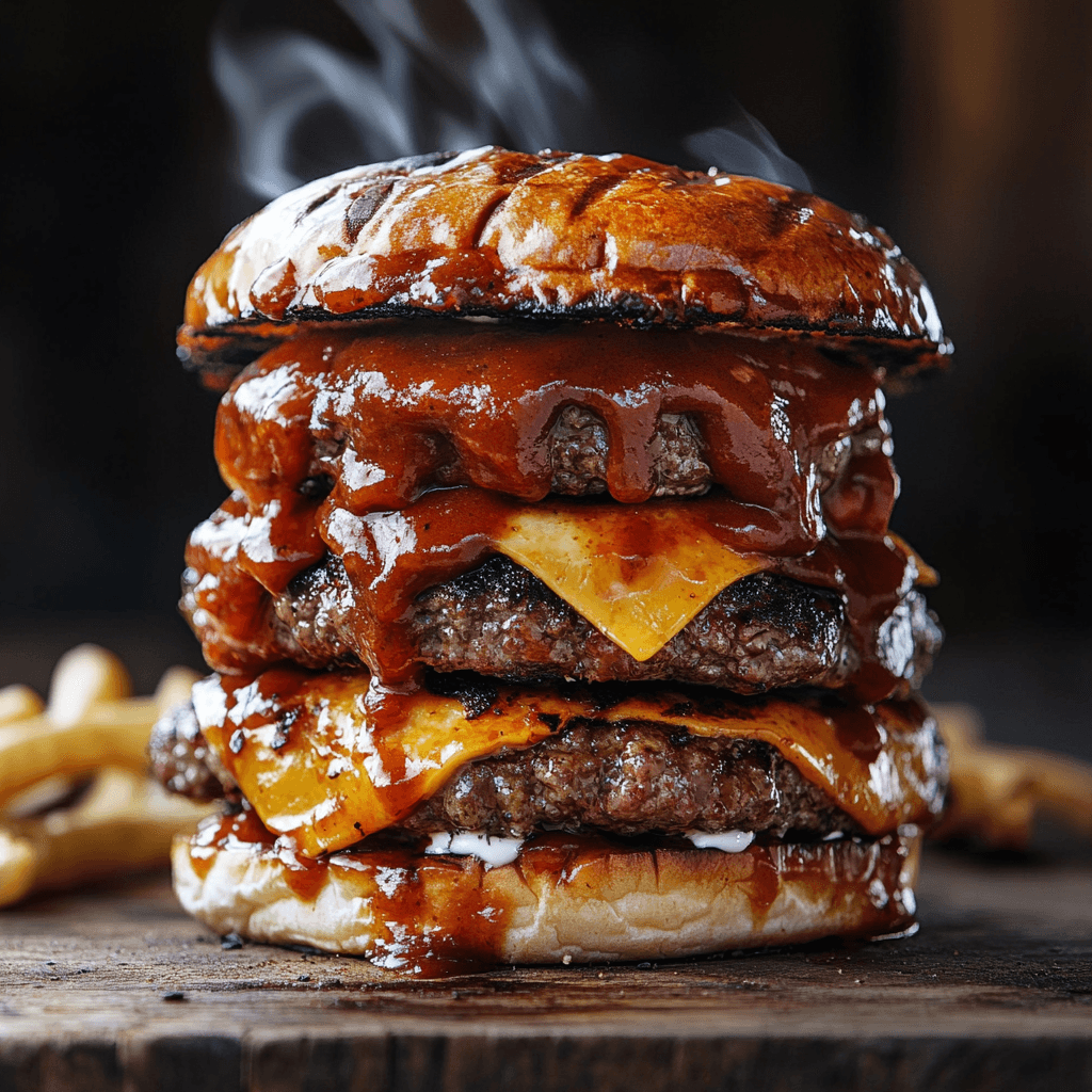 A perfectly grilled BBQ burger with melted cheese, fresh lettuce, tomatoes, and onions on a toasted bun, served with a side of fries and barbecue sauce.