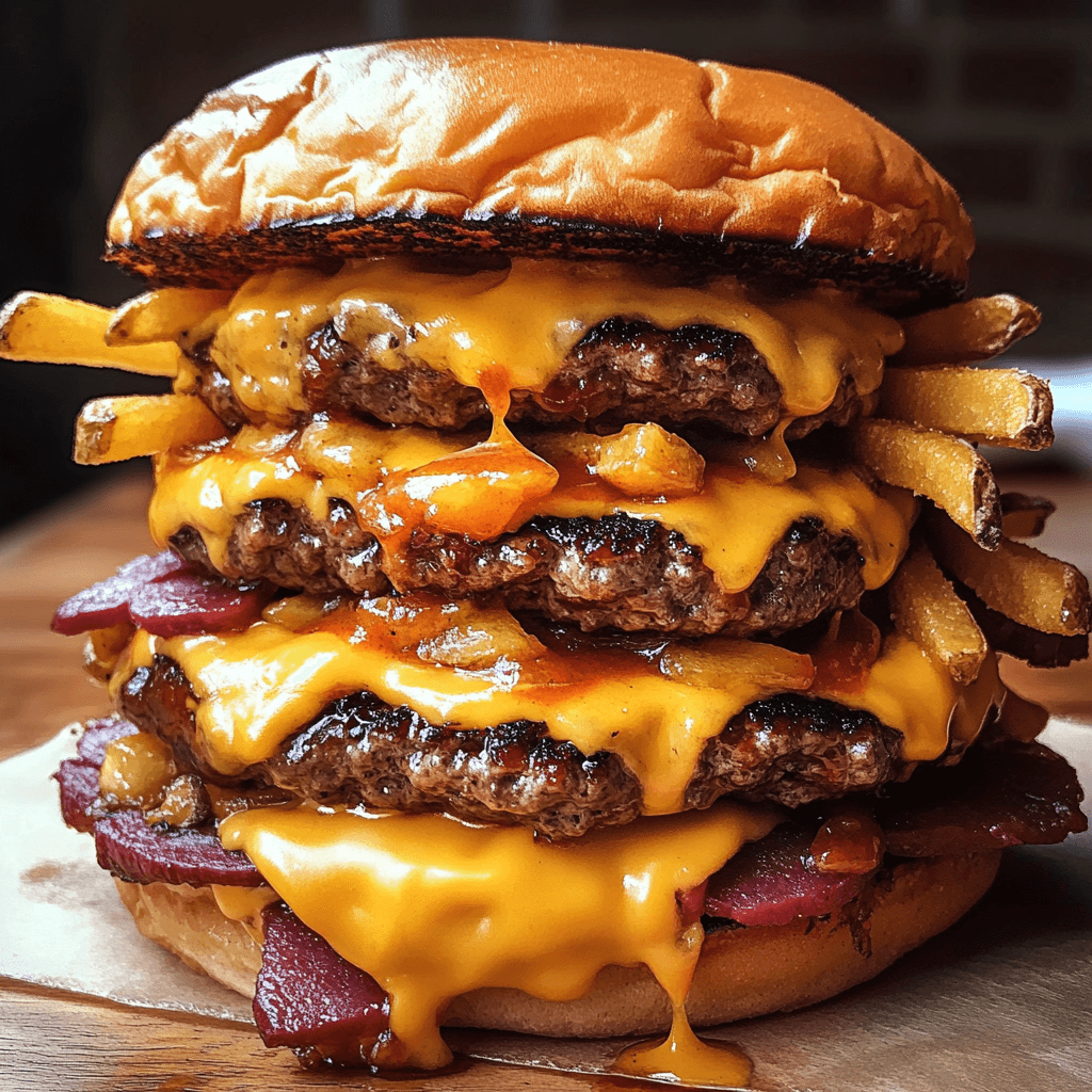 A juicy BBQ burger with cheese, lettuce, tomato, and onions on a toasted bun, accompanied by crispy fries and a side of barbecue sauce.