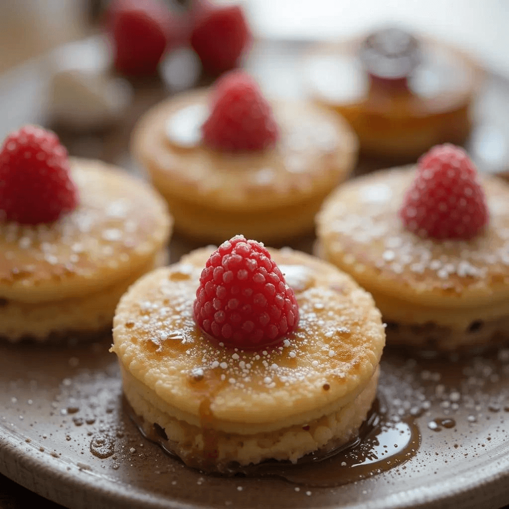 Mini pancakes served with butter and maple syrup on a plate.