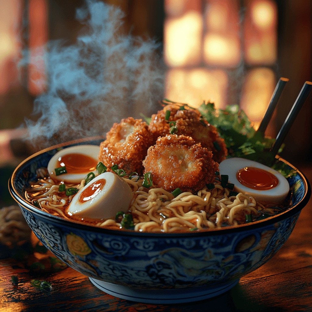 A vibrant bowl of authentic fishcake ramen with narutomaki, soft-boiled egg, ramen noodles, and garnishes like green onions and nori.