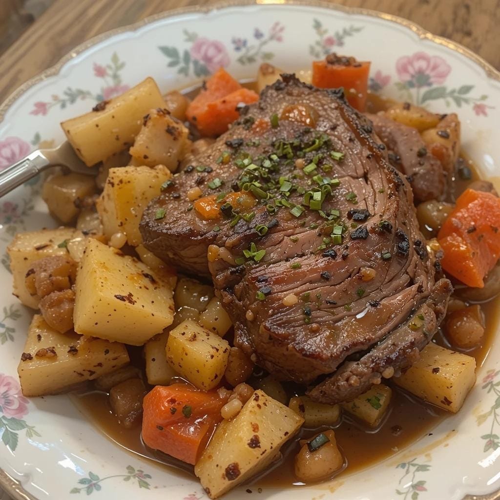 Quick and easy frozen chuck pot roast in the oven with vegetables