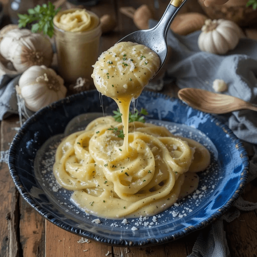 Homemade creamy garlic parmesan sauce in a bowl with a wooden spoon.