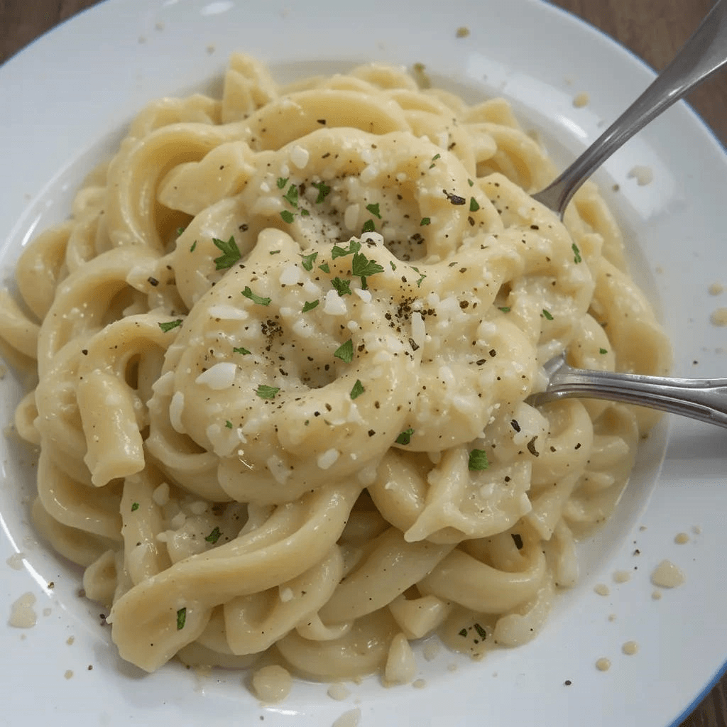 Creamy homemade garlic parmesan sauce in a small bowl with fresh parmesan and garlic cloves.