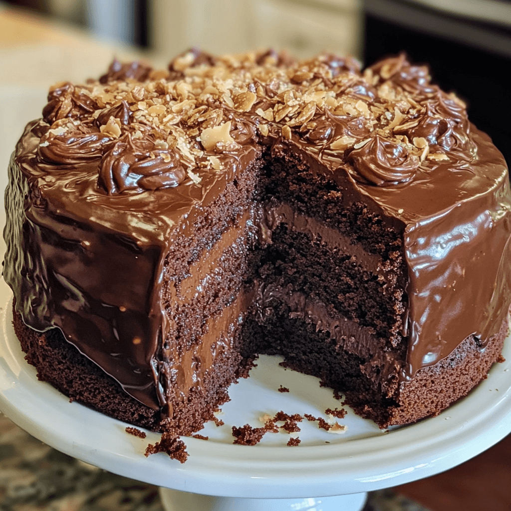 Homemade German Chocolate Cake with coconut-pecan frosting on a serving platter.