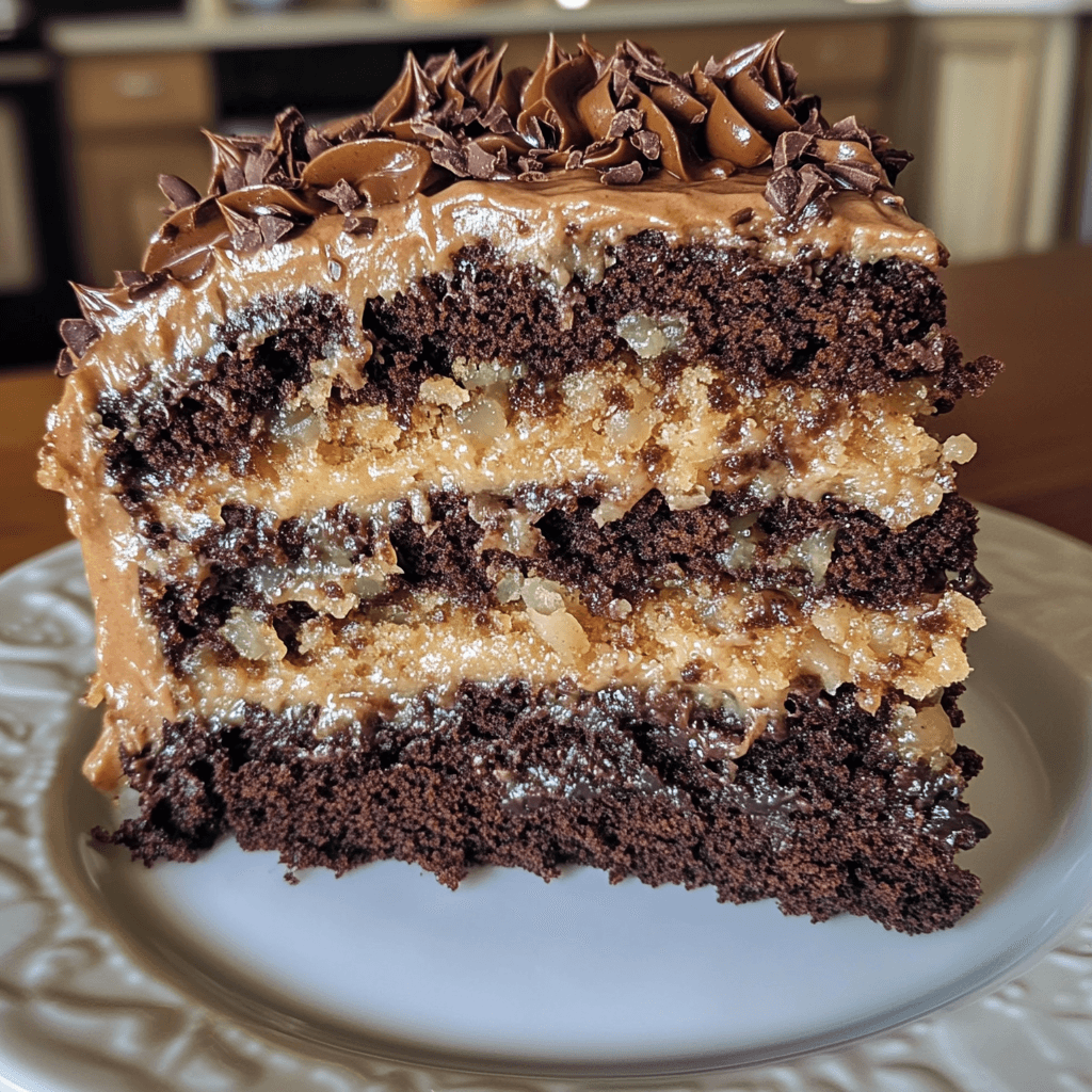 Layered German Chocolate Cake with coconut-pecan frosting and a slice served on a plate.