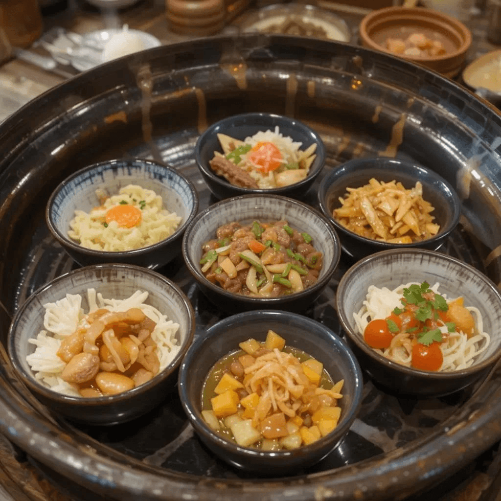 Traditional Korean recipes with vibrant dishes like kimchi, bibimbap, and bulgogi arranged on a table.