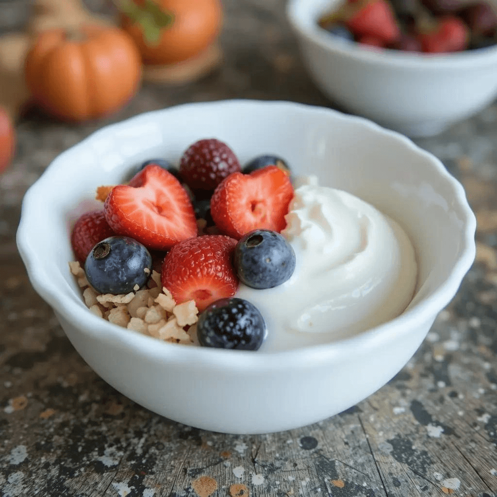 Low-sugar yogurt dessert topped with fresh berries and a drizzle of honey in a glass bowl.