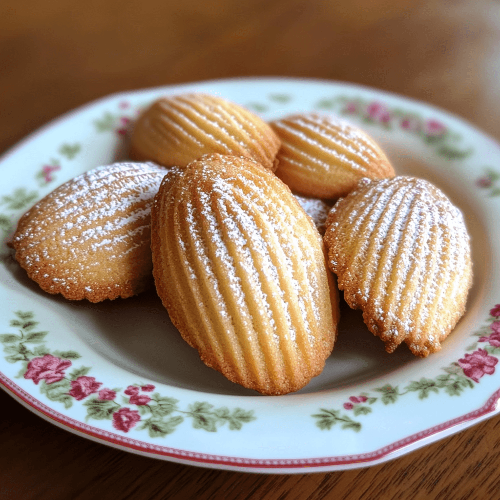 Madeleine cookies made with cream recipe, golden and fluffy with a signature shell shape.