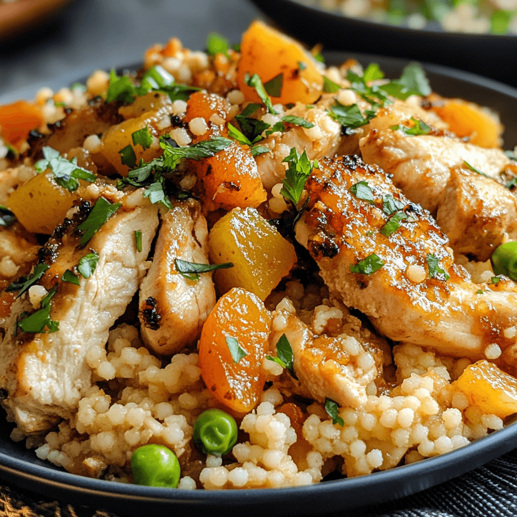 A beautifully plated traditional Moroccan chicken couscous topped with apricot preserves, featuring vibrant vegetables and fresh herbs.