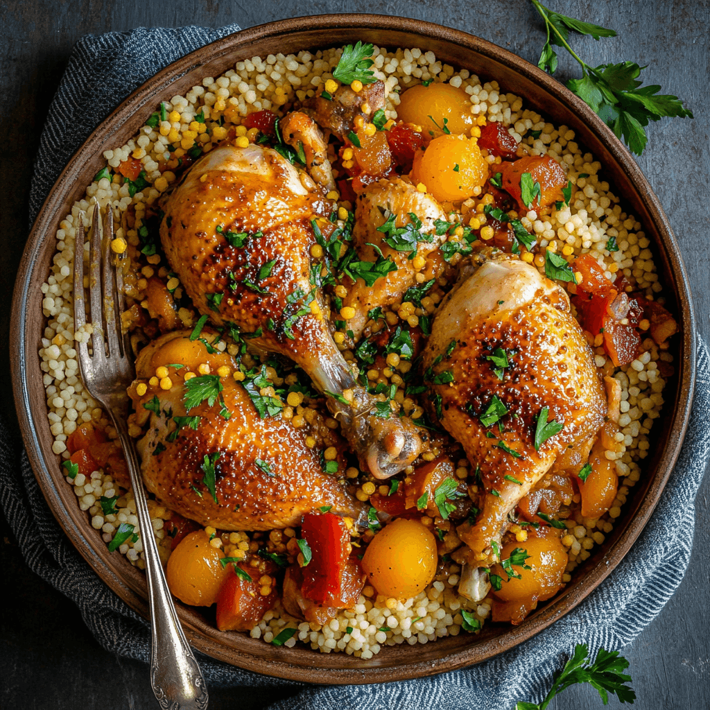 A vibrant plate of traditional Moroccan chicken couscous served with apricot preserves, garnished with fresh herbs and colorful vegetables.