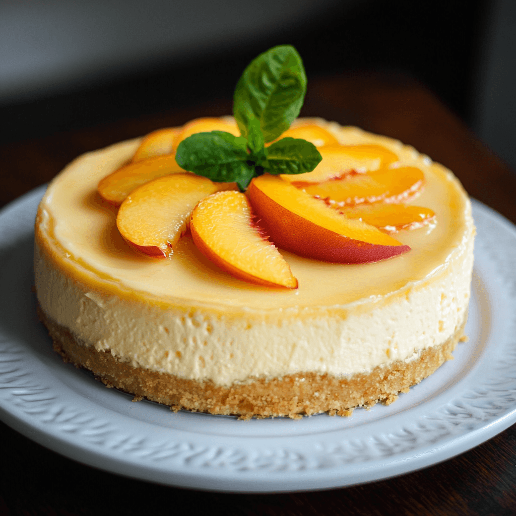 A creamy peach cheesecake topped with fresh peach slices and a shiny glaze, served on a white plate.