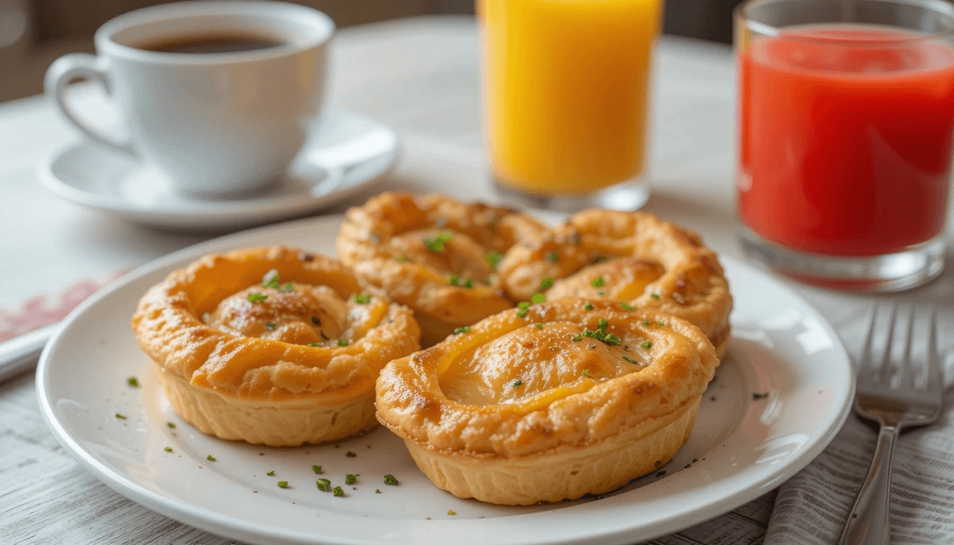 An assortment of puff pastry breakfast recipes, including sweet danishes, savory tarts, and turnovers, arranged on a rustic breakfast table.