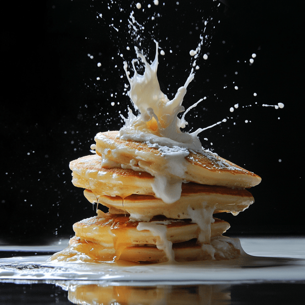 Fluffy baked pancakes sliced into squares on a sheet pan with fresh fruit and syrup.