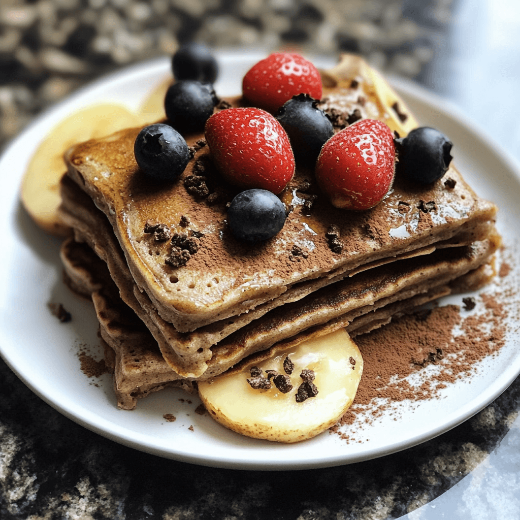 A sheet pan of golden-brown baked pancakes topped with syrup, fresh fruit, and a dusting of powdered sugar.